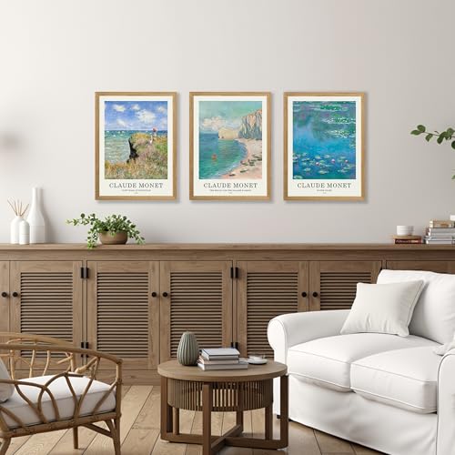 JLTULT Claude Monet Wall Art Set of 3, Solid Wood Frames, 12 x 16 in Each | Monet impressionist prints on fade-resistant canvas with ready-to-hang solid wood frames for living rooms and bedrooms - color: Monet, size: 16"L x 12"W