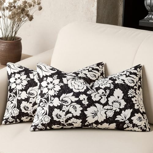 100% Cotton Black 12x20 Floral Decorative Sofa Couch Throw Pillow Covers | Lumbar Pillow,Rectangle,Printed Patterned,Living Room Bedroom Office,Boho Modern Retro Country Farmhouse,Set of 2 Panels - color: Sf-black, size: 20" x 12" (Pack of 2)