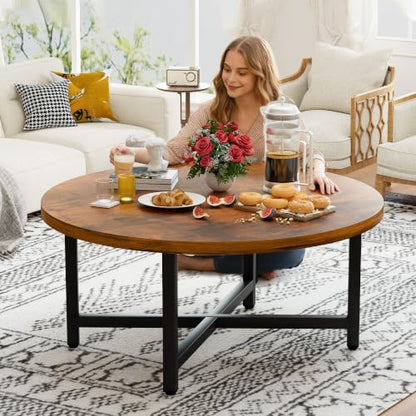 Round Coffee Table, 31.5" Brown Coffee Table, Coffee Tables for Living Room | Circle Wooden Coffee Table, Large Modern Center Table with Metal Frame for Office Apartment Home Small Space - color: 31.5"d Round Brown