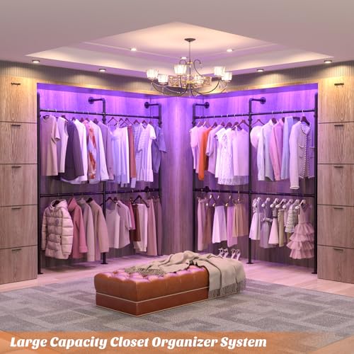 Aheaplus Industrial Pipe Clothing Rack, Reversible 6.75FT Clothes Rack for Hanging Clothes, Heavy Duty Garment Racks, Wall Mounted Closet Wardrobe Racks, Corner L Shaped Walk-in Closet System, Black - size: 81 inches