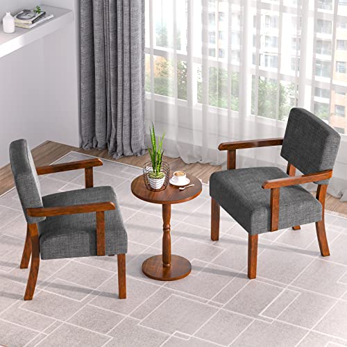 Accent Chairs Set of 2, 2 Solid Wood Armchairs with Side Table | Living Room Chairs with Soft Thicken Cushion, Comfy Reading Chair for Bedroom, Waiting Room, Home Office, Easy Assembly - color: Linen Gray, size: Set of 2 with table