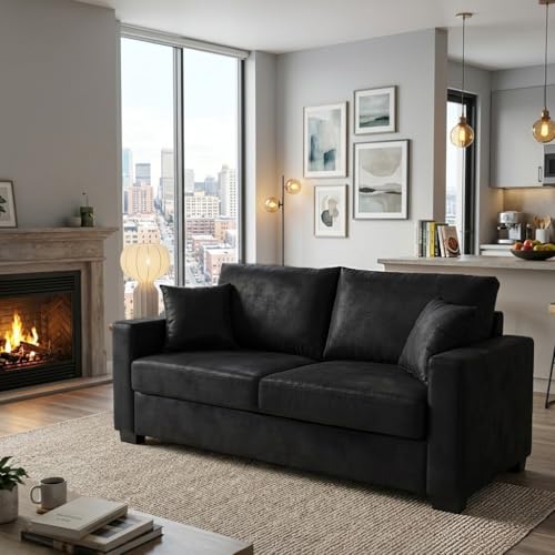 Two-Seater Loveseat with Foil Fabric and Throw Pillows, Compact Design for Apartments and Living Rooms - Black - color: Black