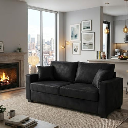 Loveseat Sofa, 69" Modern Upholstered 2-Seater Couch with 2 Throw Pillows, Deep Seat Thick Cushions, Wide Arms & High Density Foam, Small Couch for Bedroom Apartment (Black, Foam) - color: Black