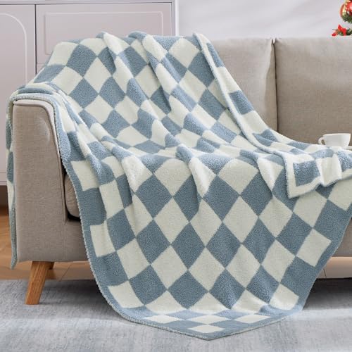 Soft Twin Size Checkered Blanket for Bed-Cozy Knitted Blankets | Lightweight Fluffy Warm Decor for Women, Mom, Her & Girls, Sofa, Chair, Couch, 60x80in,Grey Blue - color: Arctic Blue, size: Twin(60"x80")