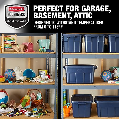 Rubbermaid Roughneck Tote 14 Gal, 6 Pack, Made in USA, Dark Indigo Metallic, Rugged Plastic Stackable Storage Bins with Lids and Handles - size: 14 Gal - 6 Pack