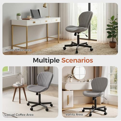 Armless Office Chair, PU Leather Office Chair with Wheels & Adjustable Height, Swivel Rocking Computer Chair, Ergonomic Soft Padded Office Chairs for Small Space, Study and Vanity, Grey - color: Grey