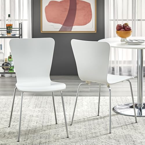 Pisa Modern Bentwood Stackable Dining Chairs Set of 2, Scratch-Resistant, Retro Hourglass Design, Chrome Metal Legs, Unique Kitchen and Dining Room Furniture, White - color: White