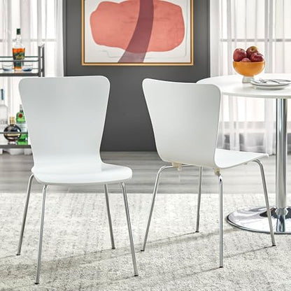 Pisa Modern Bentwood Stackable Dining Chairs Set of 2, Scratch-Resistant, Retro Hourglass Design, Chrome Metal Legs, Unique Kitchen and Dining Room Furniture, White - color: White