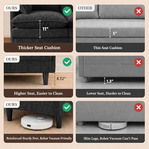 Convertible Sectional Sofa, 69" Small Cloud L-Shaped 3-Seat Couch with Movable Ottoman & Curved Armrest, Modern Chenille Fabric for Living Room, Apartment and Small Space, Black - color: Black, size: 3-Seat with Ottoman