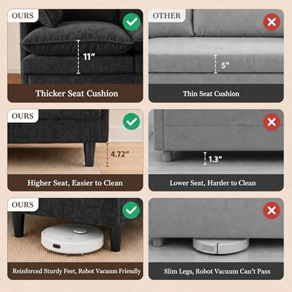 Convertible Sectional Sofa, 69" Small Cloud L-Shaped 3-Seat Couch with Movable Ottoman & Curved Armrest, Modern Chenille Fabric for Living Room, Apartment and Small Space, Black - color: Black, size: 3-Seat with Ottoman