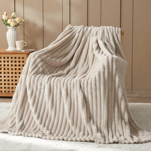 NEWCOSPLAY Fleece Ribbed Cozy Throw Blanket for Couch, Linen, 50"x60" | Premium Silky Flannel Blanket, Soft Lightweight Fluffy Throw Blanket for Bed Sofa Decor, Gift for All Season Use - color: Linen Ribbed, size: Throw(50"x60")