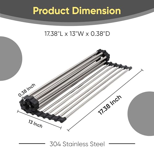 Strictly Sinks Stainless Steel Roll Up Dish Drying Rack – Silver 17 Inch Over The Sink Drying Rack Ideal for Workstation Sinks Only – Multipurpose Foldable Kitchen Dish Rack (17-3/8″ x 13″ x 3/8″) - color: Silver, size: 17 Inch