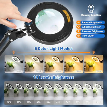 Ultra Long 3-Section Swing Arm 12X 30X Magnifying Glass with Light | 4-Way Large Metal Clamp, 5 Color Modes LEDs, 35.2Inch Lighted Magnifier Lamp for Workbench Crafting Hobby Soldering Reading