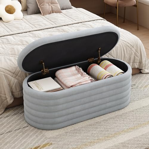 Storage Ottoman Bench 40 inch Upholstered Chenille Fabric Storage Bench for Bedroom End of Bed Stool Aesthetic Large Storag Ottoman for Living Room Entryway,Light Grey | Chenille Fabric Storage Ottoman, End of Bed Stool,Large Bench Hidden Storage,No Assem