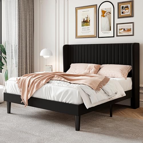 SHA CERLIN Full Size Velvet Bed Frame, Tufted Wingback Headboard, Black | 47'' Modern Vertical Channel Headboard, Upholstered Platform Bed, Wood Slats, No Box Spring Needed, Easy Assembly, Noise Free - color: Black, size: Full