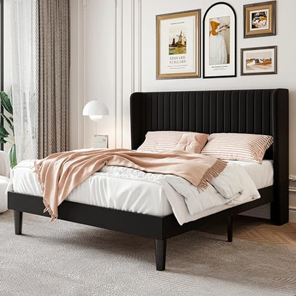 SHA CERLIN Full Size Velvet Bed Frame, Tufted Wingback Headboard, Black | 47'' Modern Vertical Channel Headboard, Upholstered Platform Bed, Wood Slats, No Box Spring Needed, Easy Assembly, Noise Free - color: Black, size: Full