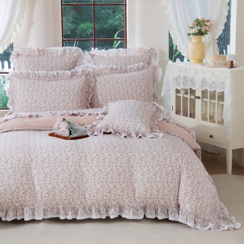 FADFAY College Duvet Cover Set Twin XL 3 Pieces, 100% Washed Cotton Camel Floral Dorm Bedding, Soft Breathable Cottagecore Farmhouse Comforter Cover with Ruffle Lace Trim Shams, Hidden Zipper Closure - color: Camel Floral, size: Twin XL
