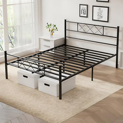 VECELO Full Size Bed Frame with Headboard, Heavy Duty Bedframe with Strong Metal Slats, No Box Spring Needed & Easy Assembly, Matte Black - color: Matte Black, size: Full