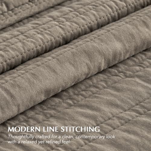 EVERGRACEHOME 100% Cotton Modern Lines Quilt Set Queen Size, Stone Taupe | Pre-Washed Soft Cotton, Striped Coverlet Bedspread, 3 Piece Lightweight Bedding Set for All Season, with 2 Pillow Shams - color: Stone Taupe, size: Full/Queen (92" X 92")