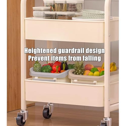 3-Tier Rolling Utility Cart with Drawers, Solid Wood Tabletop Metal Storage Cart, 360° Swivel Wheels & 2 Lockable Casters, Lightweight Mobile Organizer Trolley for Kitchen Living Room Bathroom - color: White.b