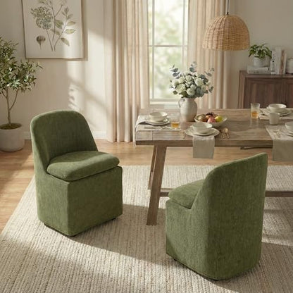 KISLOT Upholstered Dining Chairs with Casters, Washable Cover Modern Dining Room Chairs with Thick Cushion & Sturdy Metal Frame for Kitchen, Living Room, Dressing Room, Green Fabric, Set of 2 - color: Green, size: set of 2