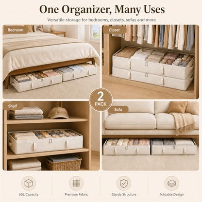Side-Supported Under Bed Storage Containers, 6 Inches Tall 60L Underbed Storage Bins with Sturdy Handles and Sidewalls, Closet Organizer for Clothes, Blankets, Seasonal Items, Beige, 2-Pack | Underbed Storage Bin with Sturdy Handles and Sidewalls, Closet