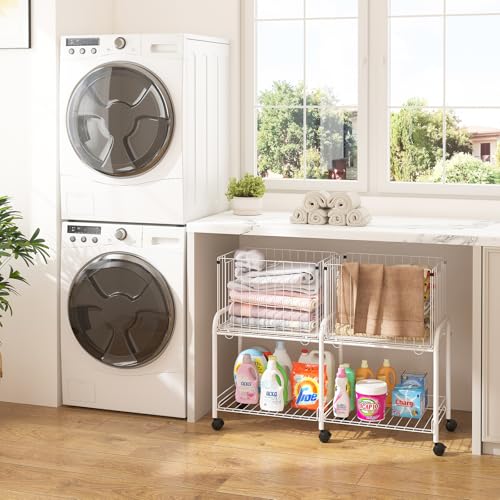 Rolling Laundry Cart with Wheels,76L Laundry Hamper Sorter Trolley with Extra Shelf,2 Removeable Collapsible Wire Storage Basket