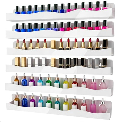 Nail Polish Wall Rack, 6-Shelf 15-Inch White Acrylic Nail Polish Shelves with Removable Ends – Multi-Purpose Shelf for Essential Oils, Cosmetics Storage and Display for Salons and Bathrooms - color: White