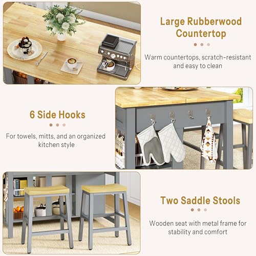Kitchen Island with Storage and Seating Include 2 Bar Stools, Drawers, Grey | 47" Solid Rubberwood Top Kitchen Island with Trash Can Storage, Power Outlet, 6 Hooks, Coffee Bar Cabinet, Dining Table for 2 - color: Grey