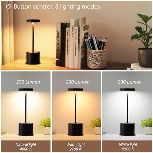 2-Pack Cordless Rechargeable LED Table Lamp (Matte Black) | 5000mAh Battery, 3-Color Stepless Dimming, IP54 Waterproof & Portable for Outdoor Patio, Restaurant, Bar, Home, Dining - color: Matte Black