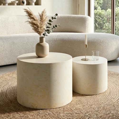 Round Nesting Coffee Table Set of 2 Living Room, No Assembly | Modern Wooden Center Tables, Tea Table for Apartment, Small Circle Accent End Table Set, Beige&White - color: A-beige&white