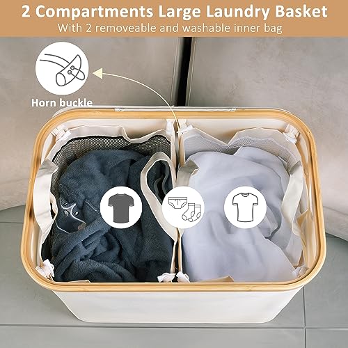 IEGrow Laundry Hamper with Lid,150L Laundry Basket with 2 Mesh Bags,Beige | Dirty Clothes Hamper Basket with Bamboo Handle for Clothes Towels - color: Beige, size: 150L