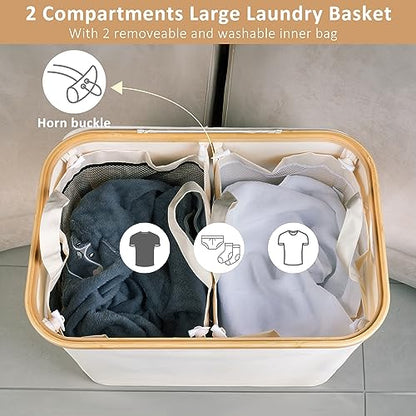 IEGrow Laundry Hamper with Lid,150L Laundry Basket with 2 Mesh Bags,Beige | Dirty Clothes Hamper Basket with Bamboo Handle for Clothes Towels - color: Beige, size: 150L