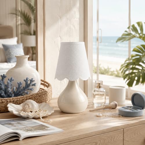 12" Beige Ceramic Table Lamp, Small Plug-in Bedside Lamp with Linen Shade, E26 Socket, 6FT Cord & Rocker Switch, Coastal Accent Lamp for Bedroom Nightstand, Living Room, Dorm