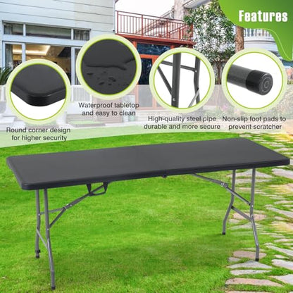 6FT Folding Table, Heavy Duty Plastic Table Portable Fold-in-Half Utility Table Indoor Outdoor Picnic Table w/Handle & Lock for Camping BBQ Party Wedding Market Events, Black - size: 6FT-Black