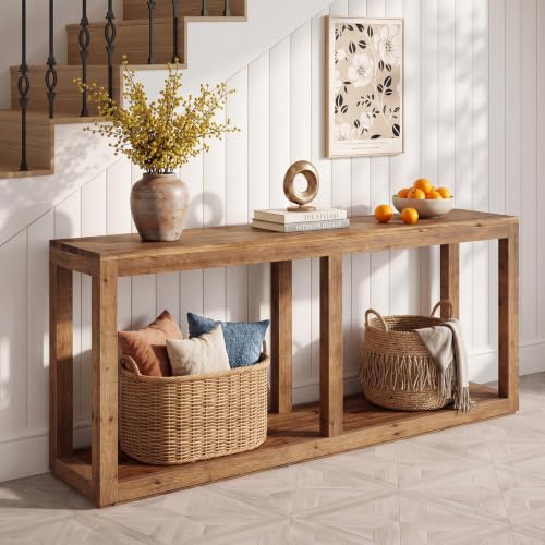 70.9" Solid Wood Console Table, Entryway Table, Sofa Tables | Farmhouse Style, 2-Tier Storage, Narrow Long Design, For Living Room, Hallway, Entrance, Brown