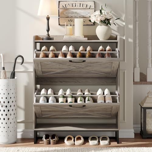 Maupvit Shoe Cabinet with 2 Flip Drawers, Freestanding Shoe Cabinet Organizer with Metal Legs, Shoes Storage Cabinet for Entryway, Narrow Shoe Rack Cabinet, Washed Gray - color: Washed Gray, style: 2-Drawers