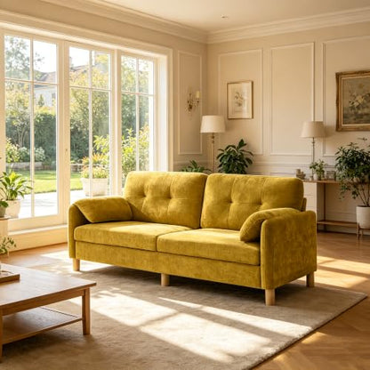 Mid Century Modern Couch, 65" Loveseat Sofa, Yellow | Storage Pockets, Upholstered Small Loveseat for Small Spaces, Bedroom, Home Office, Apartments - color: Yellow