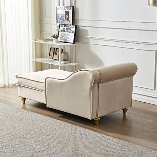 60.6" Modern Storage Chaise Lounge Indoor,Velvet Upholstery Sofa Chair with1 Toss Pillows,Upholstery Lounge Sofa with Gold Metal Legs for Small Apartment,Living Room,Office,Reception Area,Beige - color: Beige
