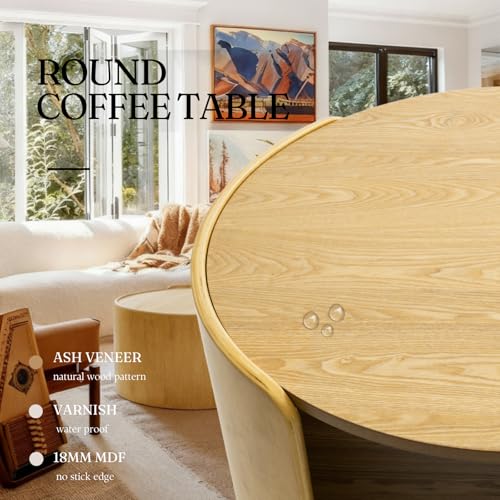 Oak Round Coffee Table, 2-Tier 31.5" Open Storage Modern Center Table | Wooden Circle Coffee Table with Shelf & Curved Legs for Living Room, Home Office, Reception Room, Apartment, Natural - color: Natural