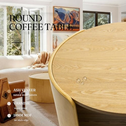 Oak Round Coffee Table, 2-Tier 31.5" Open Storage Modern Center Table | Wooden Circle Coffee Table with Shelf & Curved Legs for Living Room, Home Office, Reception Room, Apartment, Natural - color: Natural
