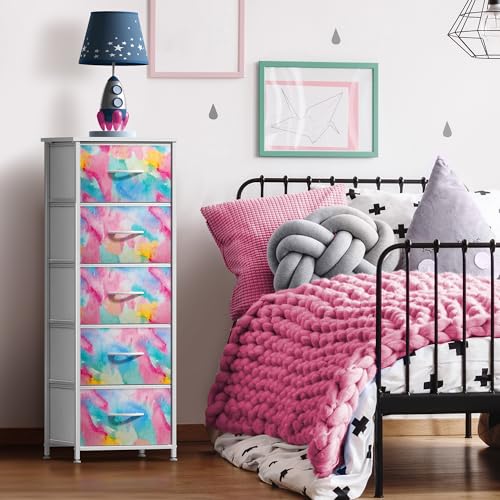 Sorbus Kids Dresser with 5 Drawers - Storage Chest Organizer Nightstand - Steel Frame, Wood Top, Tie-Dye Fabric Bins for Clothes - Wide Furniture for Bedroom, Hallway, Nursery, Closet, & Apartment - color: Rainbow Sparkle, style: 5 Drawer