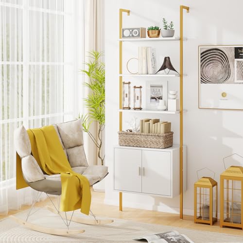 Giantex 5-Tier Wall-Mounted Ladder Shelf, 72.5" Tall Bookshelf w/ 2-Door Cabinet, Modern Style Kitchen Open Shelving Organizer, Heavy-Duty Metal Frame Display Rack for Living Room,White & Gold - color: White & Gold
