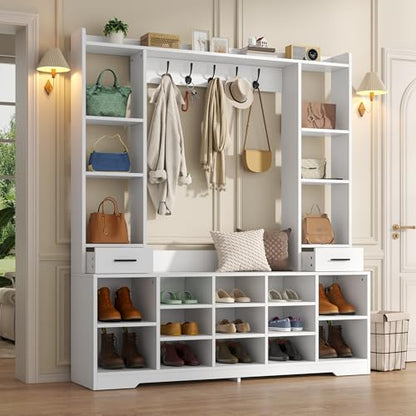 Farmhouse Hall Tree with 2 Independent Drawers,6-in-1 Entryway Bench with Coat Rack Adjustable Shoe Storage for Foyer/Hallway,White - color: White