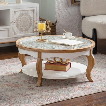 French Country Round Glass Coffee Table, 2-Tier Distressed Circle Storage Center Table with Curved Legs & Removeable Glasstop for Living Room - color: Antique White