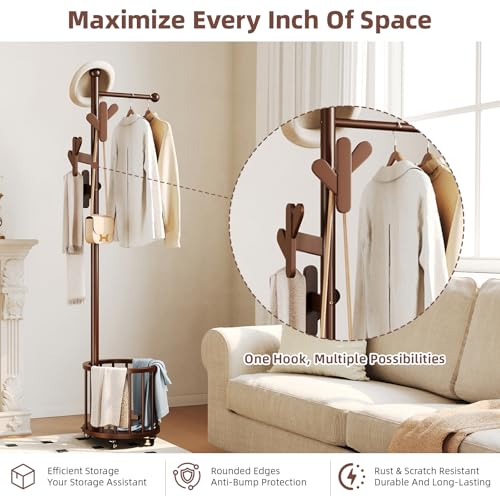 CozyDH Wooden Coat Rack Stand with Umbrella Holder and Wheels, Freestanding Hall Tree Coat Hanger with Multi Hooks, Heavy Duty Coat Tree for Entryway Bedroom Hallway Office, Walnut - color: Walnut, size: Round-15.7D×15.7W×72.8H