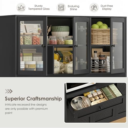 72” Tall Kitchen Pantry Storage Cabinet, Modern White Kitchen Hutch with Large Storage Drawer, Countertop, Adjustable Shelves, Food Pantry Cabinets for Dining Room, Living Room (Black) | Kitchen Hutch with Large Storage Drawer, Countertop, Adjustable Shel