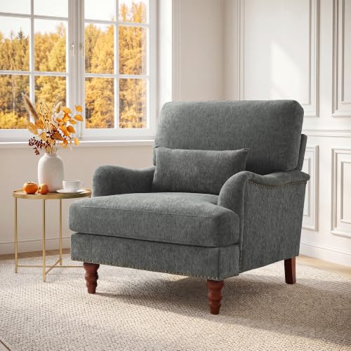 Mid-Century Modern Accent Chair with Lumbar Pillow, Grey, 1 Pack | Upholstered Chenille Armchair, Solid Wood Frame & Legs, Comfy Reading Lounge Sofa for Living Room Bedroom, & Small Spaces - color: Chenille Grey, size: 1 Seat
