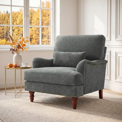 Mid-Century Modern Accent Chair with Lumbar Pillow, Grey, 1 Pack | Upholstered Chenille Armchair, Solid Wood Frame & Legs, Comfy Reading Lounge Sofa for Living Room Bedroom, & Small Spaces - color: Chenille Grey, size: 1 Seat