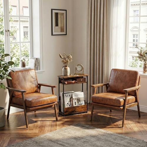 YEAKOO Narrow Side Table,3-Tier End Table with Storage Shelf,Modern Sofa Table Thin Side Table for Narrow and Small Spaces, Skinny Bedside Table Small Nightstand with Magazine Rack Space Saving/Brown - color: Rustci Brown